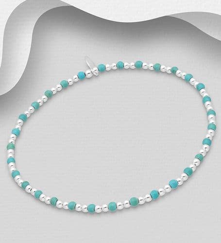 925 Sterling Silver Ball Elastic Bracelet, Beaded with Reconstructed Sky-Blue Turquoise