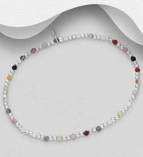 925 Sterling Silver Ball Elastic Bracelet, Beaded with Various Gemstone Beads