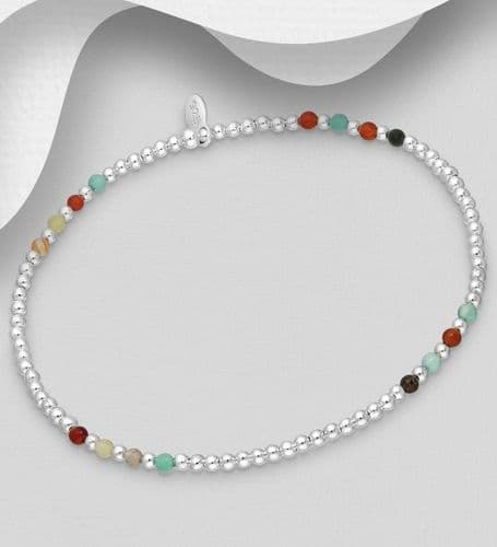 925 Sterling Silver Ball Elastic Bracelet, Beaded with Various Gemstones