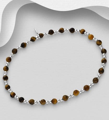 925 Sterling Silver Ball Elastic Bracelet, Set with Tigers Eye Beads