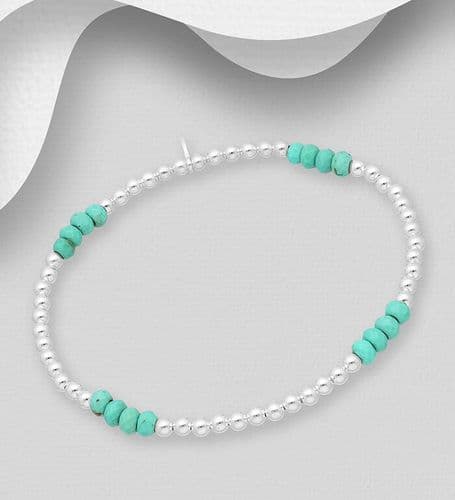 925 Sterling Silver Ball Elastic Bracelet with Simulated Turquoise Beads - Perfect for Any Occasion