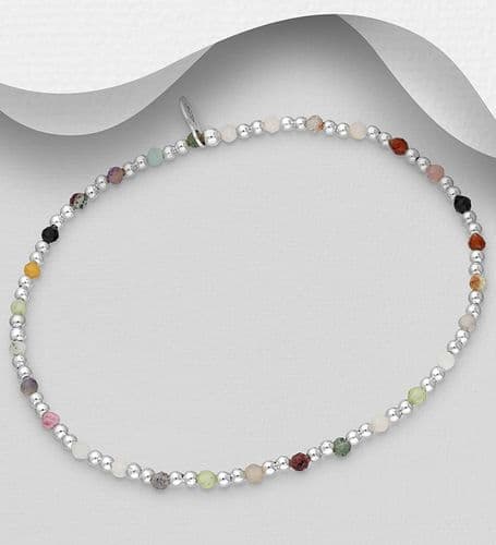 925 Sterling Silver Ball Elastic Bracelet, with Various Gemstone Beads - 4 Colour Variants