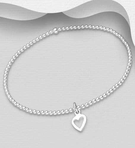 925 Sterling Silver Ball & Heart Stretch Bracelet With A Open Heart Charm