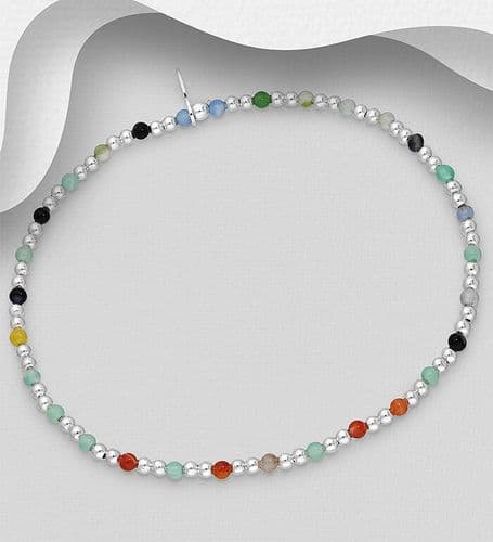 925 Sterling Silver Beaded Stretch Bracelet, Set with Gem Stones