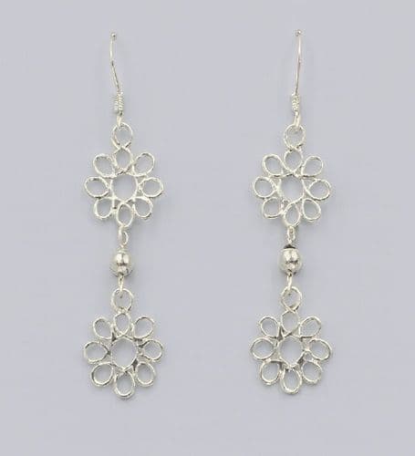 925 Sterling Silver Beautiful Double Flower Hook/Drop Earrings