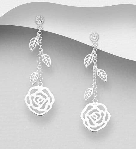 925 Sterling Silver Beautiful Rose Push-Back/Drop Earrings