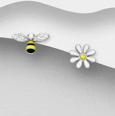 925 Sterling Silver Bee and Flower Stud Earrings, Decorated with Coloured Enamel