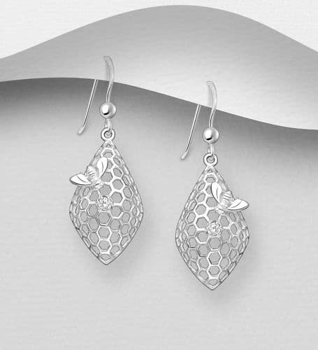 925 Sterling Silver Bee and Honey Comb Hook Earrings, Decorated with CZ Simulated Diamonds