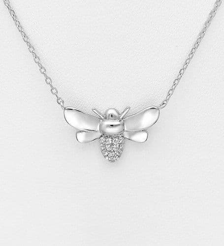 925 Sterling Silver Bee Necklace, Decorated with CZ Simulated Diamonds