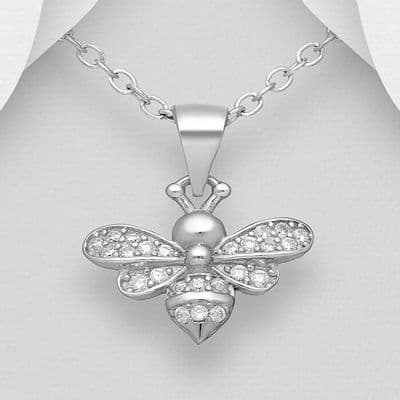 925 Sterling Silver Bee Pendant & Chain, Decorated with CZ Simulated Diamonds