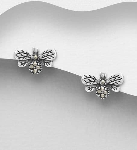 925 Sterling Silver Bee Push-Back Earrings Decorated With Marcasite
