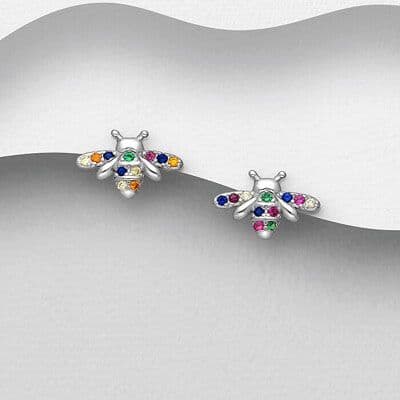 925 Sterling Silver Bee Stud Earrings, Decorated with Colourful CZ Simulated Diamonds