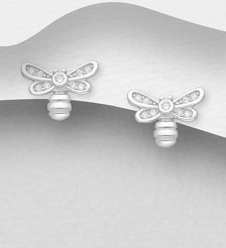 925 Sterling Silver Bee Stud Earrings, Decorated with CZ Simulated Diamonds