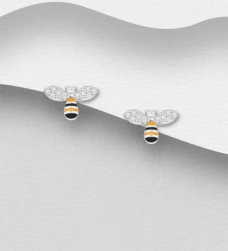 925 Sterling Silver Bee Stud Earrings, Set with Coloured Enamel and CZ Simulated Diamonds