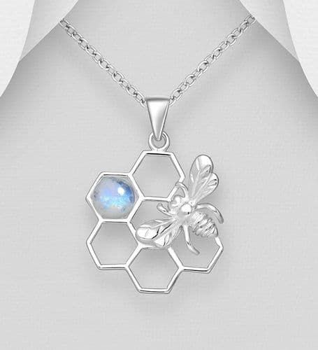 925 Sterling Silver Beehive Pendant & Chain, Decorated with A Rainbow Moonstone