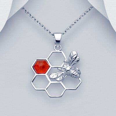 925 Sterling Silver Beehive Pendant & Chain, Decorated with Baltic Amber