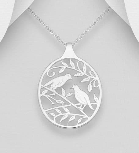 925 Sterling Silver Bird and Open Leaf Pendant & Chain