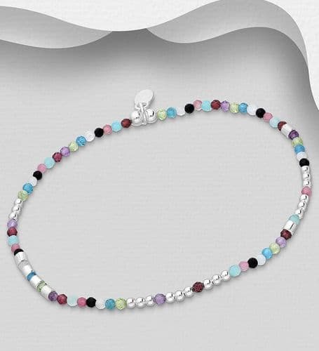 925 Sterling Silver Bracelet, Beaded with Amazonite, Amethyst, Black Agate, Blue Apatite, Garnet,