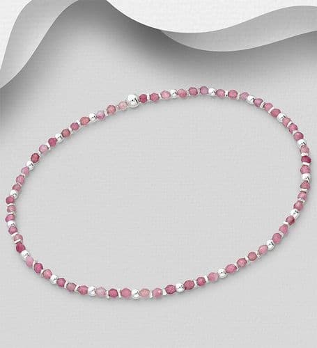 925 Sterling Silver Bracelet, Beaded with Pink Tourmaline