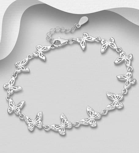 925 Sterling Silver Butterfly Bracelet, Decorated with CZ Simulated Diamonds