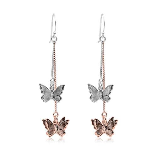 925 Sterling Silver Butterfly Drop Earrings, With 18K Pink Gold