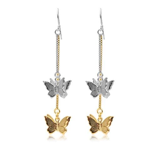925 Sterling Silver Butterfly Drop Earrings, With 18K Yellow Gold