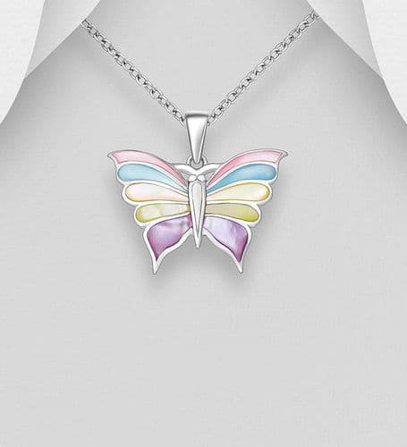 925 Sterling Silver Butterfly Pendant & Chain, Adorned With a Choice of Abalone or Mother of Pearl