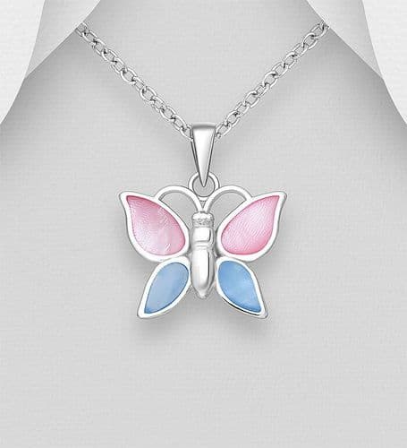 925 Sterling Silver Butterfly Pendant & Chain, Decorated with Coloured Shell