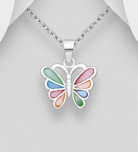 925 Sterling Silver Butterfly Pendant& Chain, Decorated with Colourful Shell