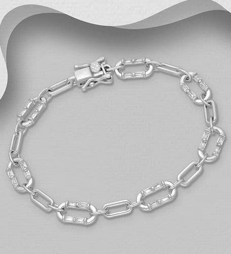 925 Sterling Silver Chain Bracelet, Decorated with CZ Simulated Diamonds
