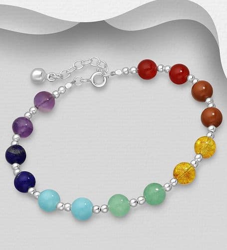 925 Sterling Silver Chakra and Ball Bracelet, Beaded with Gemstones