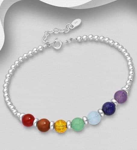 925 Sterling Silver Chakra and Ball Bracelet, Beaded with Various Gemstones