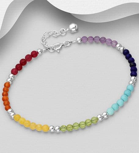925 Sterling Silver Chakra and Ball Bracelet, Set with Gemstone Beads With an Extender