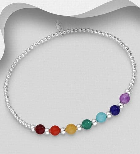 925 Sterling Silver Chakra and Ball Elastic Bracelet, Beaded with Multi Quartz Stones
