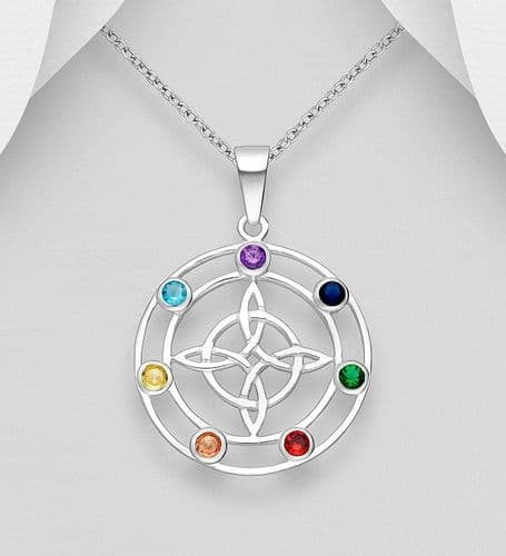 925 Sterling Silver Chakra and Celtic Witches Knot Pendant & Chain, Decorated with CZ Stones