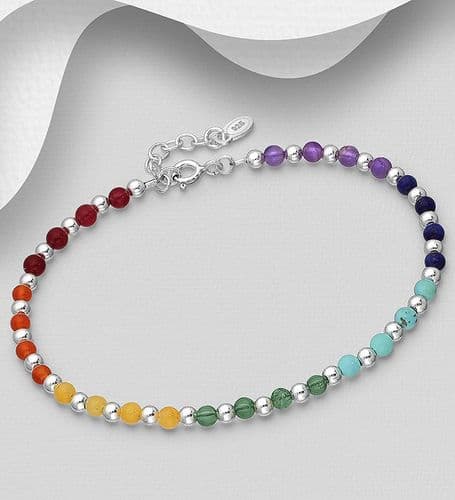 925 Sterling Silver Chakra Bracelet, Beaded with Various Gem Stones