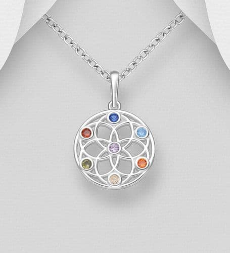 925 Sterling Silver Chakra Pendant & Chain, Decorated with CZ Simulated Diamonds