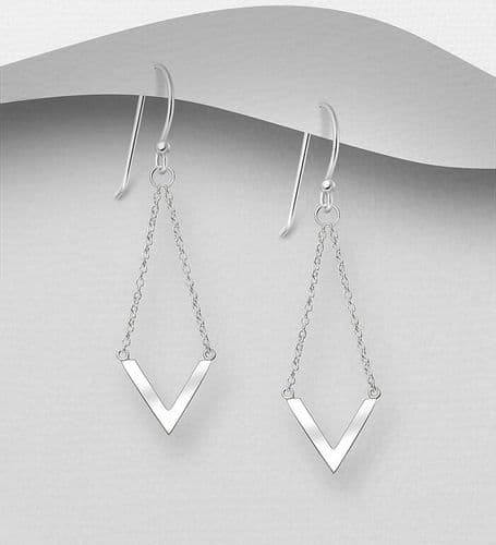 925 Sterling Silver Chevron & Chain Drop Hook Earrings