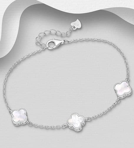 925 Sterling Silver Clover Bracelet, Decorated with Shell and CZ Simulated Diamonds 