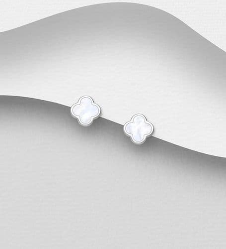 925 Sterling Silver Clover Earrings, Decorated with Mother of Pearl Shell