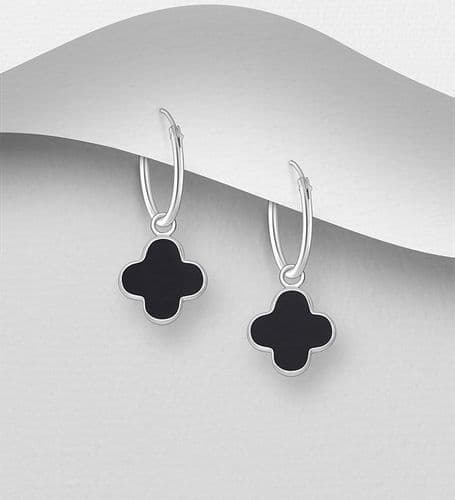 925 Sterling Silver Clover Hoop Earrings, Decorated with Black Resin
