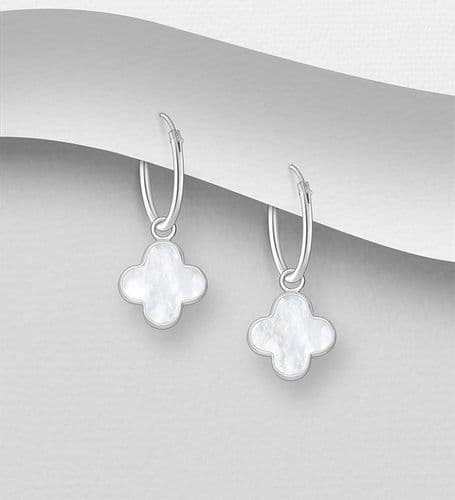 925 Sterling Silver Clover Hoop Earrings, Decorated with Mother of Pearl Shell