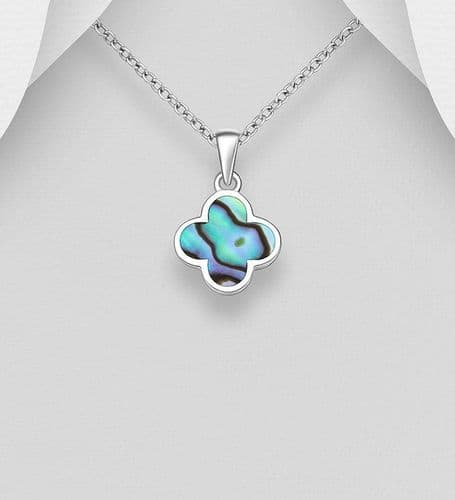 925 Sterling Silver Clover Pendant & Chain, Adorned with Abalone Shell
