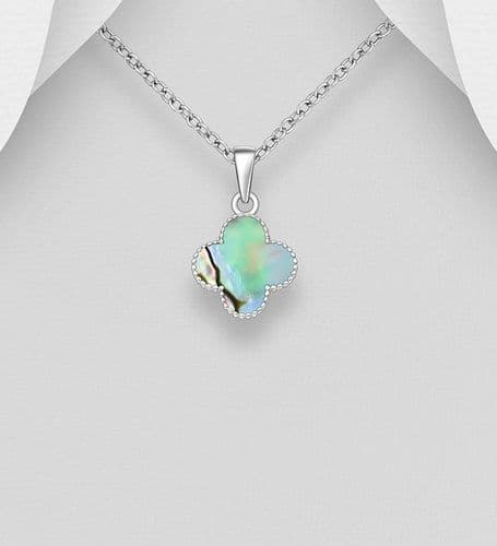 925 Sterling Silver Clover Pendant & Chain, Decorated with Shell Available in 4 Vibrant Colours