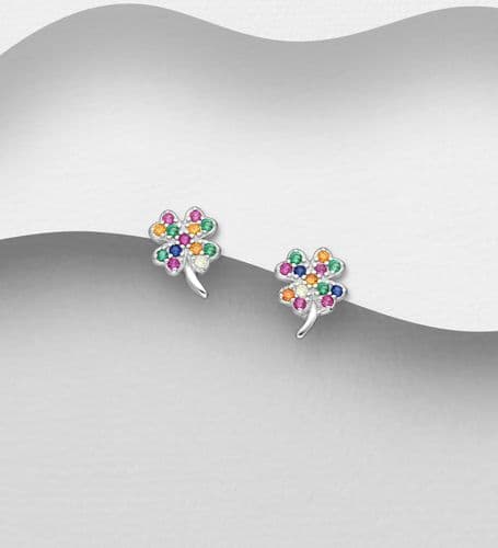 925 Sterling Silver Clover Push-Back Earrings, Decorated with Colourful CZ Simulated Diamonds