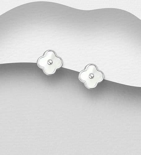 925 Sterling Silver Clover Push-Back/Stud Earrings, Decorated with Mother of Pearl