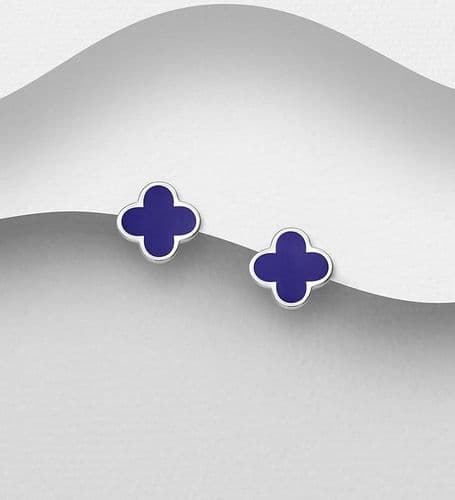 925 Sterling Silver Clover Push-Back/Stud Earrings with Blue Resin Decoration