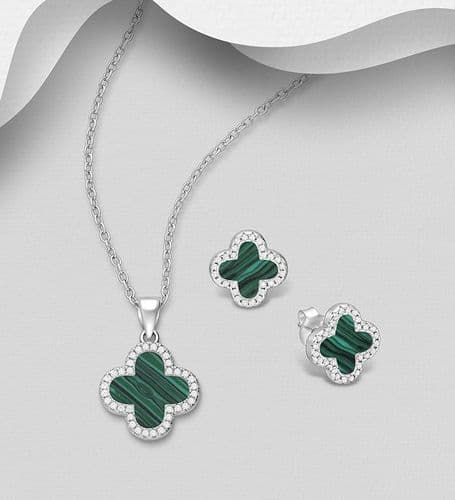 925 Sterling Silver Clover Stud Earrings and Pendant & Chain Set, with Green Resin & CZ Diamods