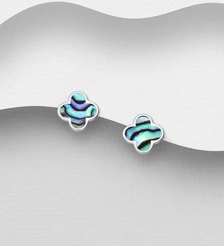 925 Sterling Silver Clover Stud Earrings, Set with Abalone Shell: Available in Blue & Pink M O Pearl