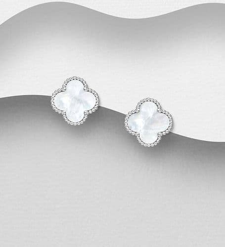 925 Sterling Silver Clover Stud Earrings, With a Ribbed finish to the side of The Setting
